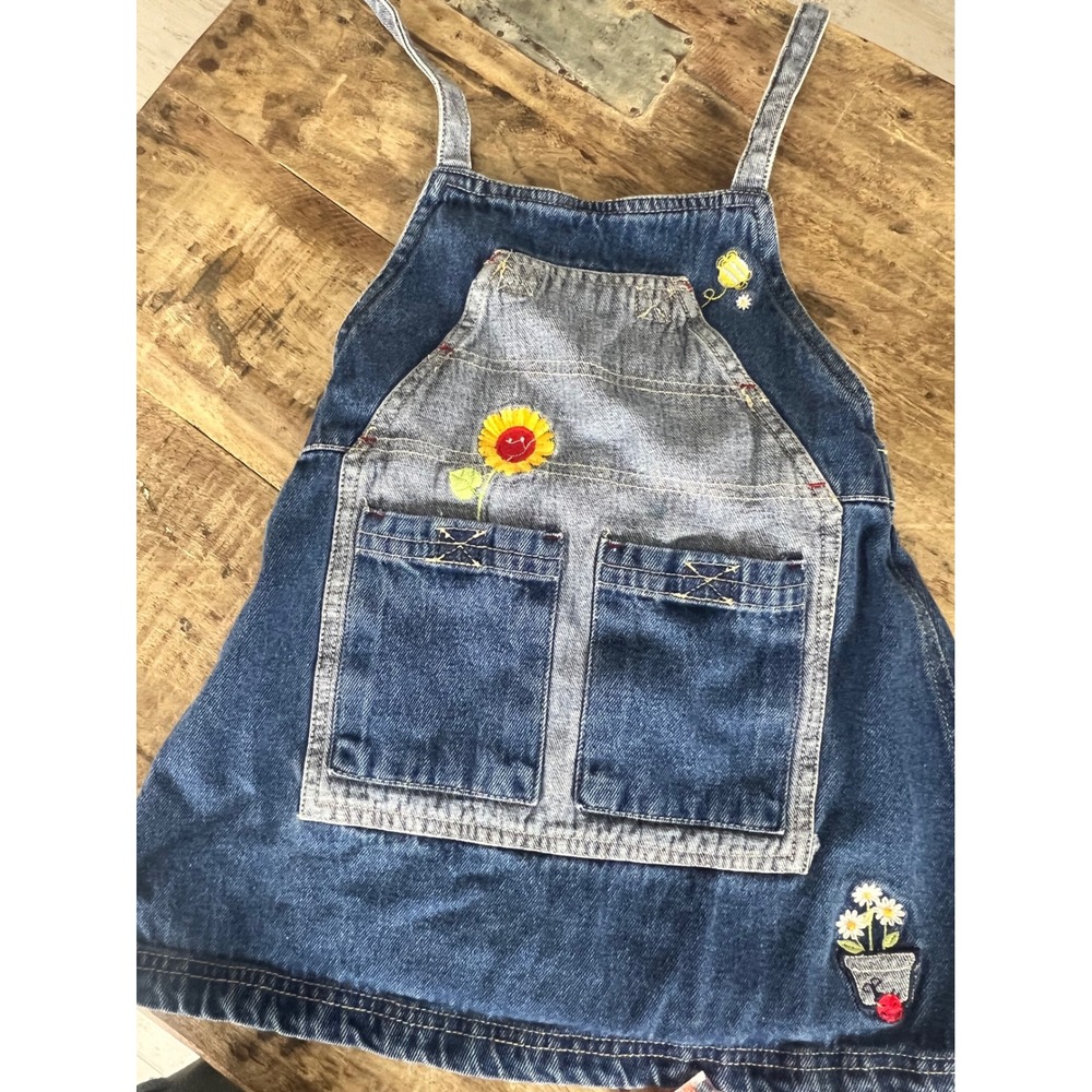 AHQ Sportswear Kids Vintage Denim Embroidered Floral Overall Pinafore Dress 4